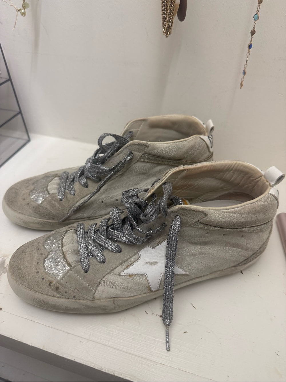 Women's Cream GOLDEN GOOSE- mid star Sneakers with Silver Glitter Accents